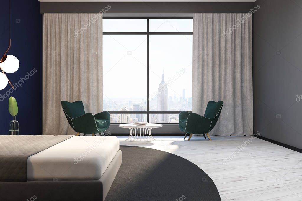 Modern bedroom interior with dark blue and grey walls, a gray carpet with a master bed standing on it and two green armchairs near a cityscape window. 3d rendering