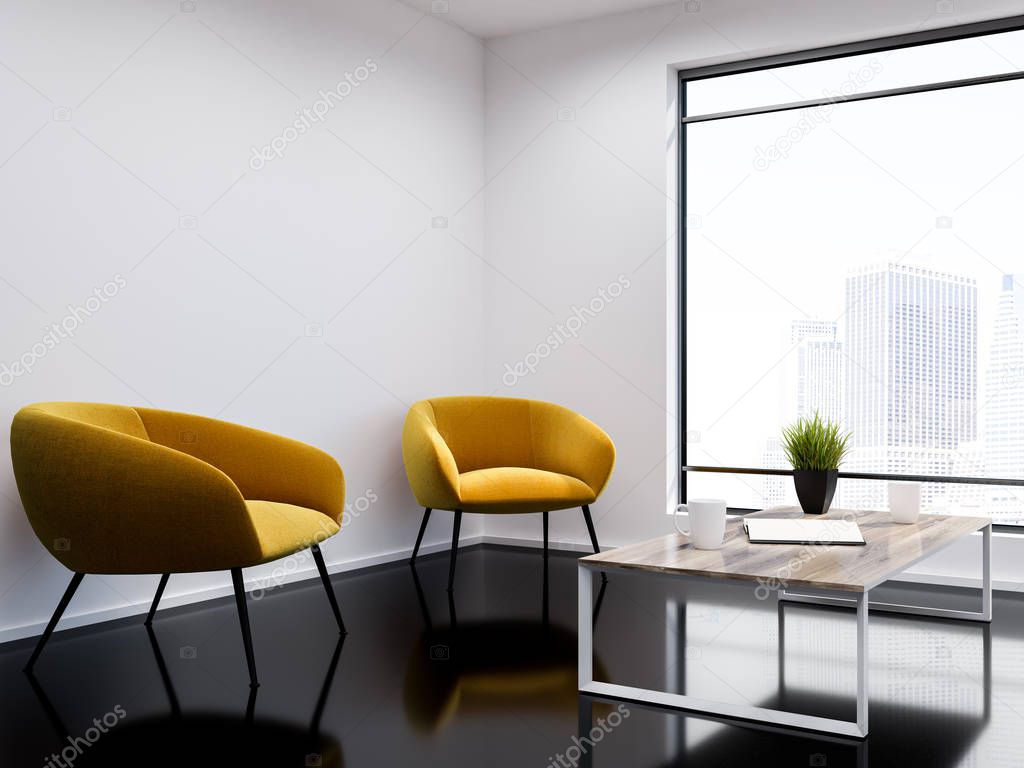 White wall office waiting room interior with a black glass like floor, two yellow armchairs and a coffee table. Loft window with modern cityscape. 3d rendering mock up