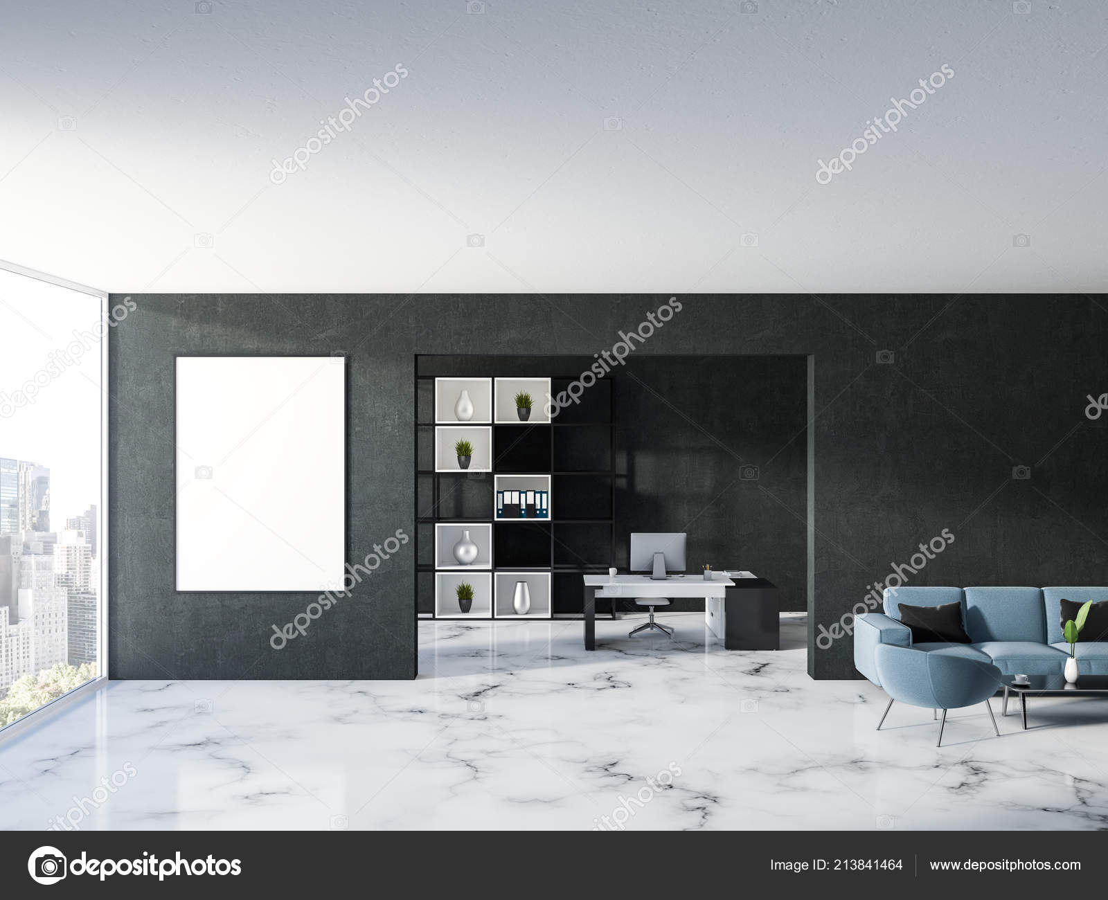 Luxury Home Office Manager Office Black Walls White Marble Floor