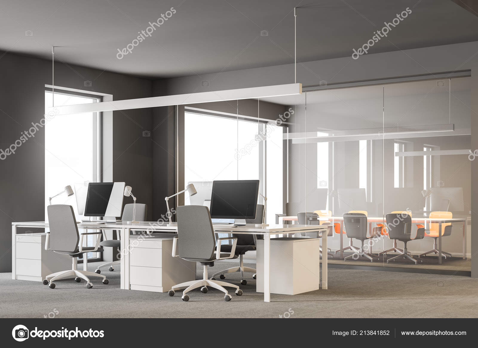 Side View Modern Grey Office Rows White Computer Desks Loft