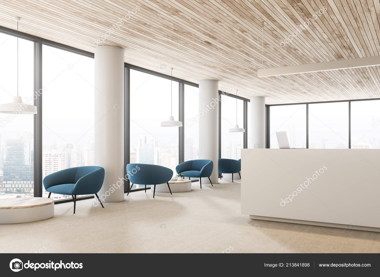 White Walls Columns Office Reception Hall Wooden Ceiling