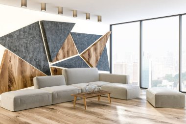 Salon köşe griye, ahşap ve beyaz geometrik duvar desen, bir ahşap zemin, çatı penceresi ve gri bir sehpa ile kanepe. 3D render kopya alanı