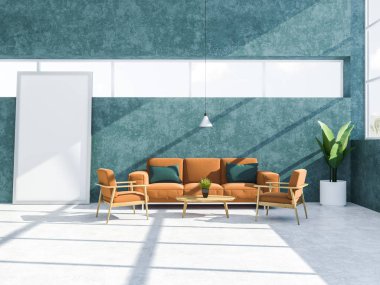 Şık salon iç mavi yeşil duvarlar, dar pencere, turuncu kanepe ve koltuklar şirin küçük sehpa ve dikey sahte poster çerçeve ayakta katta kadar yakın. 3D render