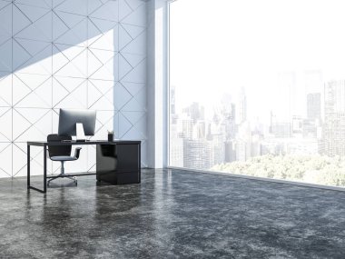 Perspektif görünümü Yöneticisi Office beyaz üçgen ile duvarlar, beton zemin, gökdelenler ile panoramik pencere ve o bilgisayarda siyah bir tabloyla döşenir. 3D render kopya alanı