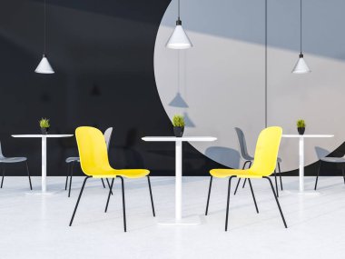 Inteiror geometrik duvar desen Kafe'nin beyaz zemin, çatı windows, gri ve sarı sandalye ve saksı bitkileri ile küçük tablolar. 3D render kopya alanı
