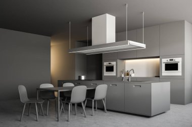 Gri duvarlar, beton zemin, gri mutfak tezgahı ve uzun bir masa sandalye ile modern bir mutfak köşesi. 3D render kopya alanı
