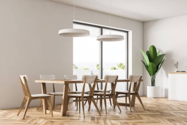 Modern yemek odası beyaz duvarlar, ahşap zemin, beyaz mutfak tezgahı ve masa sandalye ile köşesinde. 3D render kopya alanı