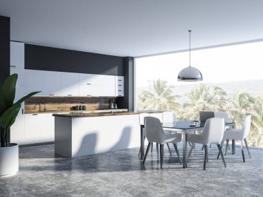 Gri duvarlar, beton zemin, tropik manzaralı panoramik pencere, cam masa beyaz sandalye ve arka planda bir mutfak ile yemek odası köşe. 3D render kopya alanı