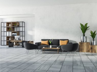 Lüks ev ofis veya müdür ofis beyaz duvarlar, Beyaz ahşap seramik zemin, bir bilgisayar tablo, bir kitaplık, bir kanepe koltuk ve bir sehpa ile birlikte. Gümüş tencere bitkiler. 3D render kopya alanı