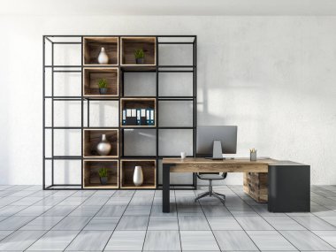 Beyaz duvarları, Beyaz ahşap seramik zemin, bilgisayar masası ve bir kitaplık ile lüks Yöneticisi office iç. 3D render kopya alanı