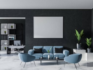 Luxury home office or manager office with black walls, white marble floor, a computer table, a bookcase, a sofa with an armchair and a coffee table. 3d rendering Horizontal mock up banner frame clipart