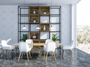 Beyaz geometrik duvar desen yemek odası iç beton zemin, beyaz sandalye ile ahşap masa ve dolap vazolar ve saksı bitkileri ile. 3D render kopya alanı
