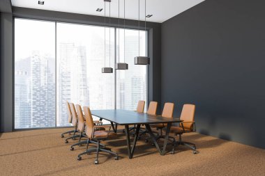 Modern ofis konferans oda köşe panoramik pencerelere, kahverengi halı ve deri koltuklar ile uzun ahşap bir masa. Danışmanlık ve Yönetim Kurulu genel kavram. 3D render kopya boşluk duvar
