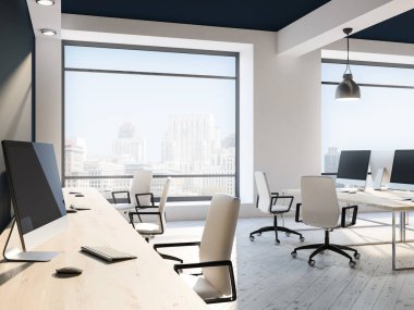 Open space office interior with white walls, black and white ceiling, loft windows with a city view and rows of computer tables with white chairs near them. Flower beds 3d rendering mock up clipart