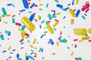 Sarı, mavi, kırmızı ve yeşil hap ve beyaz arka plan üzerinde düşen onların birleştirme. Tıp, uyuşturucu bağımlılığı ve bilim kavramı. 3D render alay