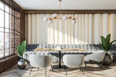 Modern café tuğla duvarlar, ahşap zemin, gri rahat kanepe ve koltuklar ve ahşap masa ile birlikte iç. Şık lambaları ve Avrupa cityscape penceresinden. 3D render kopya alanı
