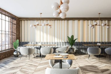 İç modern coffee shop tuğla duvarlar, gri rahat kanepeler ve ahşap masa. Şık tavan lambaları. 3D render kopya alanı