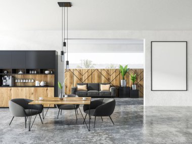 Studio apartment mutfak köşesi, gri koltuk ve kanepe yastıkları ile kare bir tabloyla iç. Dikey poster fram duvar 3d render üzerinde yukarı alay