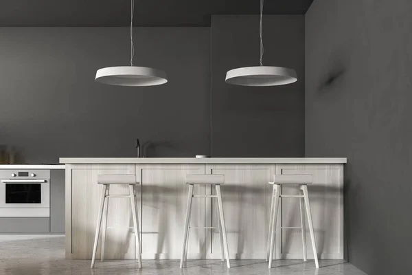 Nahaufnahme Einer Modernen Küche Mit Grauen Wänden Betonboden Grauen Arbeitsplatten — Stockfoto