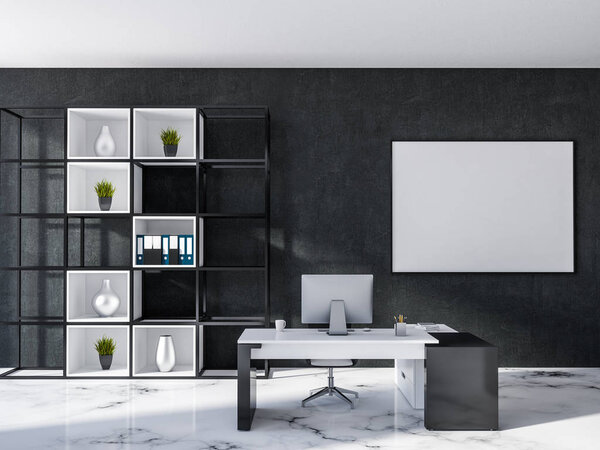 Интерьер офиса менеджера класса люкс с черными стенами, белым мраморным полом, компьютерным столом и книжным шкафом. 3d рендеринг Горизонтальный макет рамки плаката
