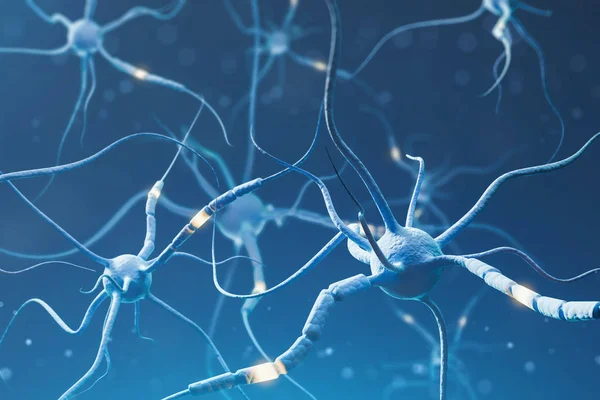 Blauwe Neuronen Met Gloeiende Segmenten Blauwe Achtergrond Neuron Interface Computer — Stockfoto