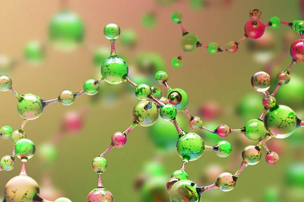 Transparent green and red abstract molecule model over blurred green and red molecule background. Concept of science, chemistry, medicine and microscopic research. 3d rendering copy space