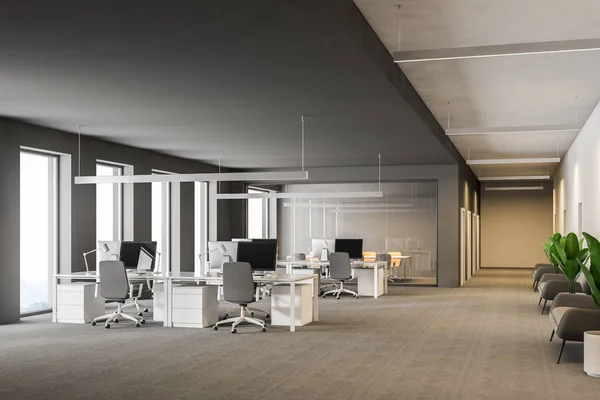 Interior Escritório Cinza Moderno Com Linhas Mesas Computador Branco Janelas — Fotografia de Stock