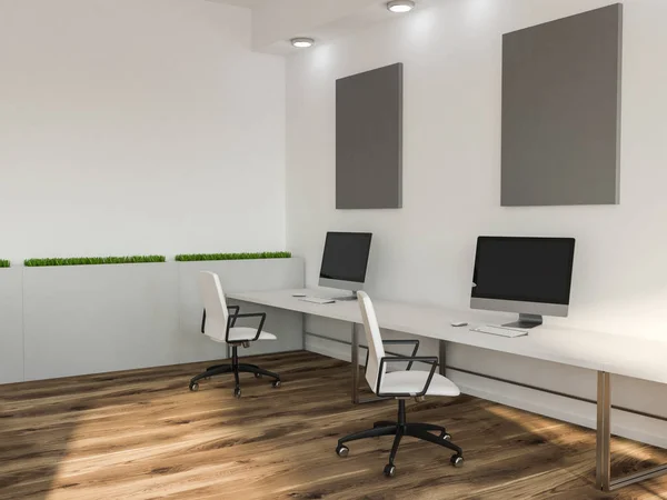 Black Computer Screens White Office Computer Lab Tables Gray Mock — Stock Photo, Image