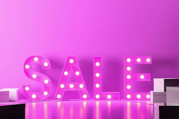 Glowing light bulbs pink sale sign standing in a pink room with closed white cardboard boxes. Concept of successful business and consumerism. 3d rendering copy space