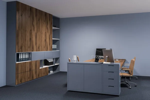 Office of a company manager with blue walls, a carpet on the floor, and stylish wooden computer tables. Wooden bookcase. 3d rendering mock up