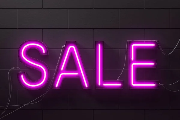 Neon Cyan Sale Sign Black Brick Wall — Stock Photo, Image