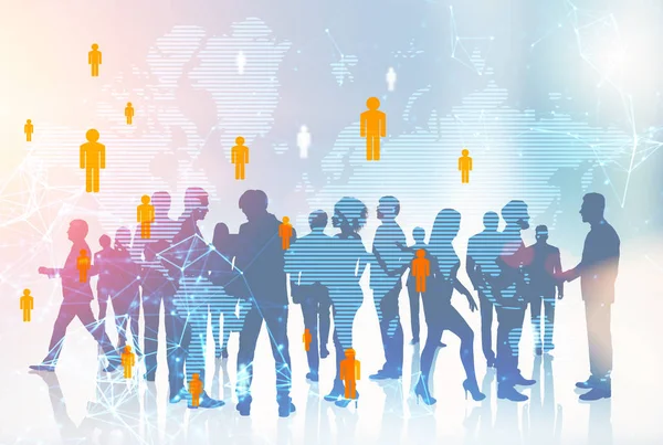 Diverse business team members walking and standing over foggy immersive interface and globoal network of people drawings Toned image double exposure mock up Elements of this image furnished by NASA