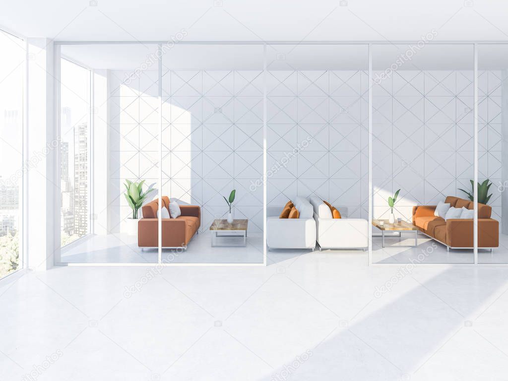 Modern office white triangular tiles lounge interior with white and orange soft comfortable couches with cushions and neat coffee tables. Panoramic windows. 3d rendering copy space