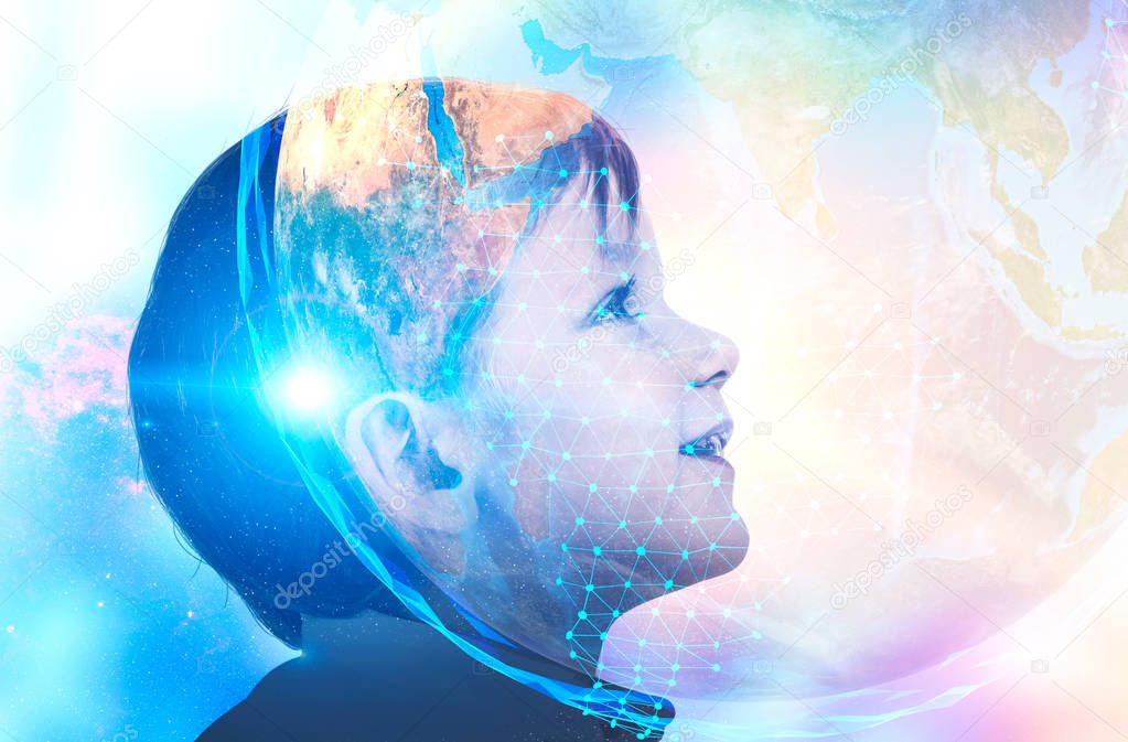 Profile of adorable little boy looking up and smiling. Planet Earth in space, polygons. Global world and ai future concept. Toned image double exposure mock up Elements of this image furnished by NASA