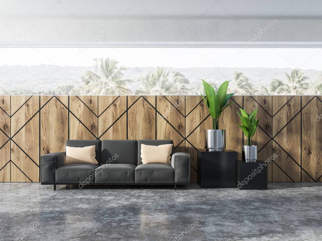 Wooden wall pattern living room interior with a gray sofa standing on a concrete floor and large silver flower pots with plants. Tropical view scenery in the windows. 3d rendering
