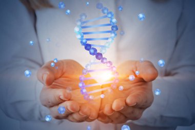 Unrecognizable woman with blond hair holding blue dna helix hologram. Biotech, biology, medicine and science concept. Double exposure toned image clipart