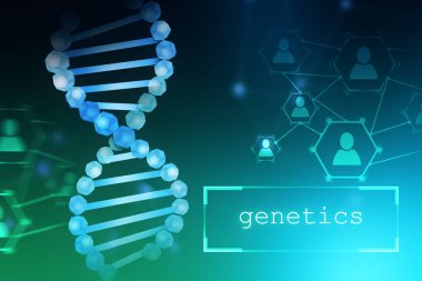 Mavi yeşil arka plan üzerinde ağ simgeleri mavi dna sarmalı ve insanlar. Küçük bir kutuda yazılı metin genetik. Biyoteknoloji, biyoloji, tıp ve bilim kavramı. 3D render sahte tonlu görüntü