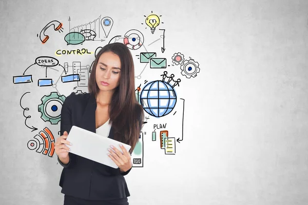 Serious European Businesswoman Suit Looking Tablet Computer Concrete Wall Effective — Stock Photo, Image