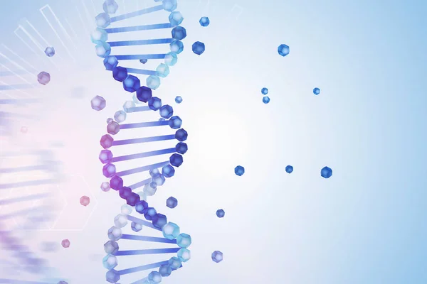 蓝色紫色的垂直 Dna 螺旋线 其部分散落在浅蓝色背景上 几何图案 生物技术 生物学 医学和科学概念 渲染模拟 — 图库照片