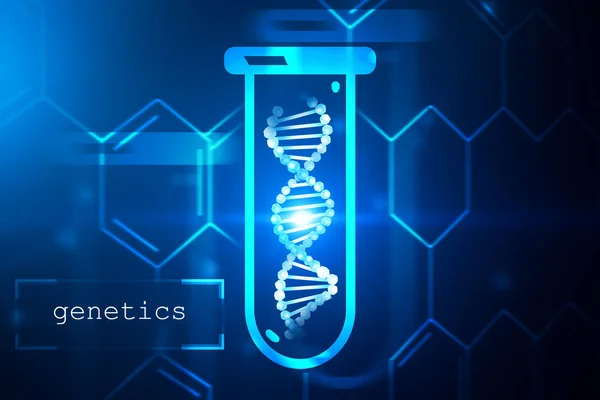 左の炭素原子グリッドとテキスト遺伝学と暗い青色の背景に青色の試験管内 Dna の螺旋形 バイオ テクノロジー 生物学 科学の概念 トーンのイメージを レンダリング モック — ストック写真