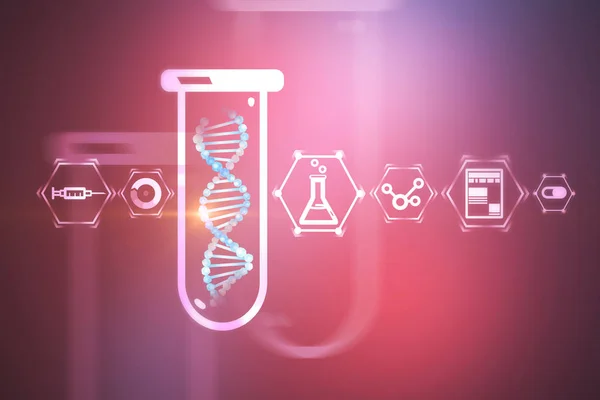 科学および薬のアイコンが紫色の背景を試験管にブルーの Dna ヘリックスを白します バイオ テクノロジー 生物学 科学の概念 トーンのイメージを レンダリング モック — ストック写真