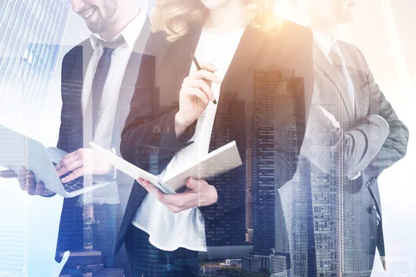 Unrecognizable Diverse Business Team Members Standing Together Gadgets Business Planners — Stock Photo, Image