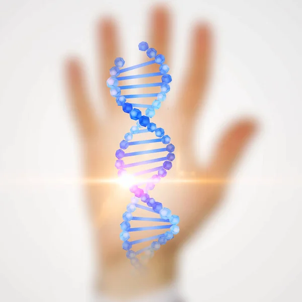 Glödande Blå Dna Helix Över Suddig Hand Bakgrund Begreppet Medicin — Stockfoto