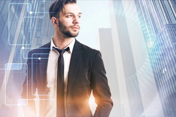 Confident Young Business Leader Black Suit Looking Forward Standing Morning — Stock Photo, Image