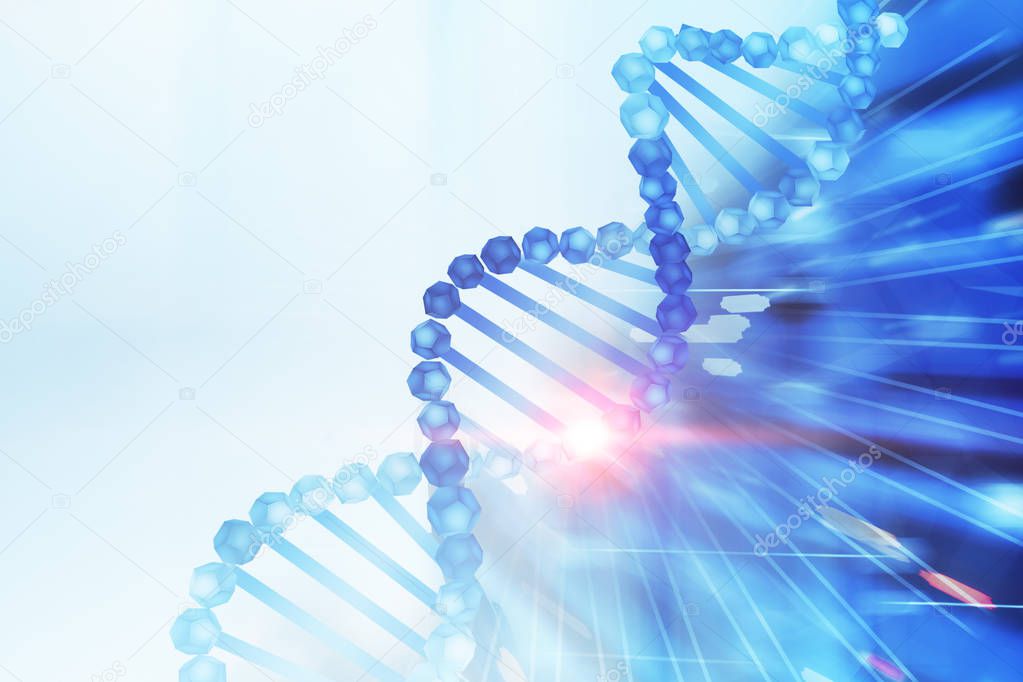Blue diagonal dna helix over white and abstract dark blue background. Biotech, biology, medicine and science concept. 3d rendering mock up toned image