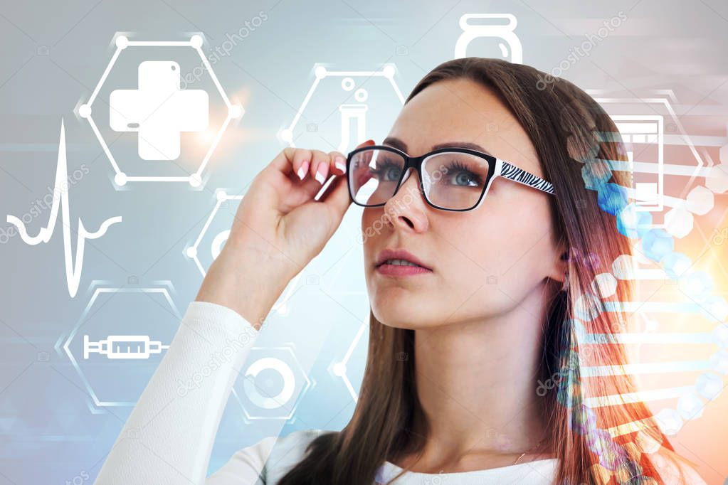 Close up portrait of young caucasian woman in glasses and white shirt looking upwards standing in medical icons immersive interface Concept of medicine and pharmacy. Toned image double exposure