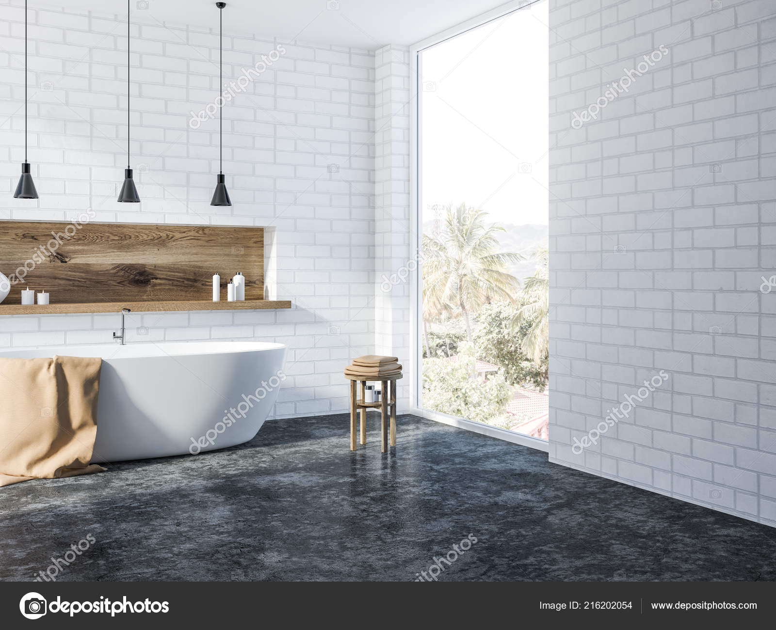 White Brick Bathroom Interior Concrete Floor White Bathtub