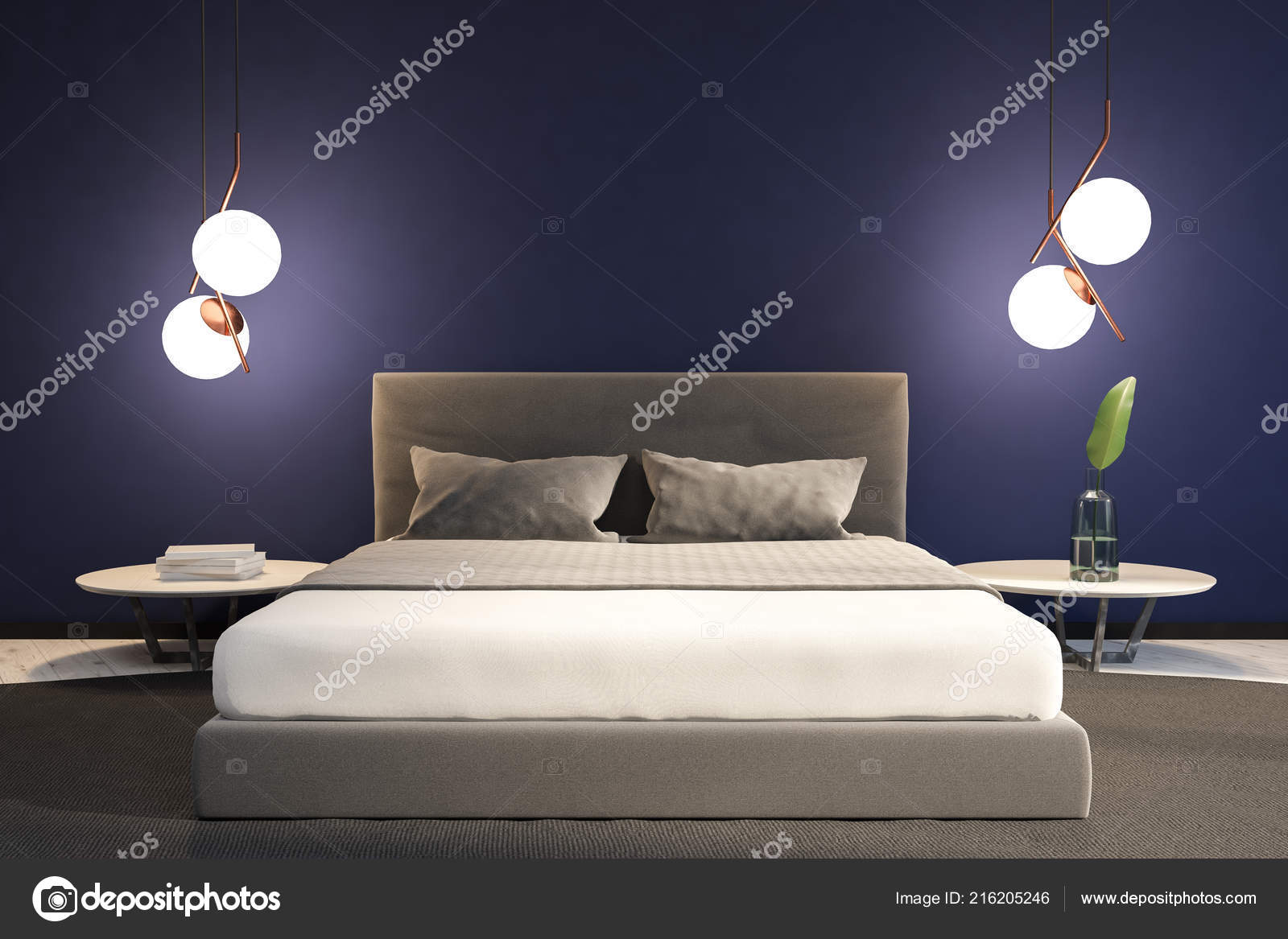 Modern Bedroom Interior Dark Blue Walls Gray Carpet Master Bed — Stock  Photo © denisismagilov #216205246, image size:1600x1167