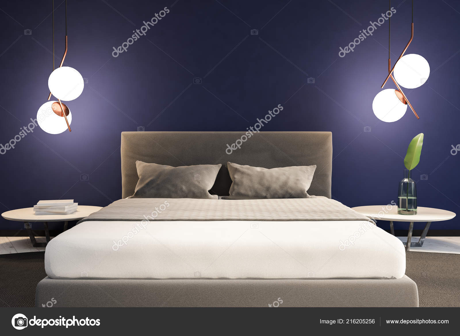 Minimalistic Bedroom Interior Dark Blue Walls White Wooden