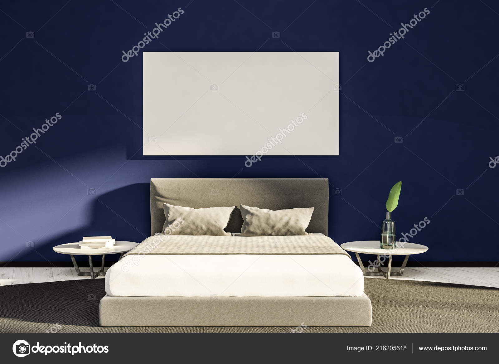 Minimalistic Bedroom Interior Dark Blue Walls White Wooden Floor